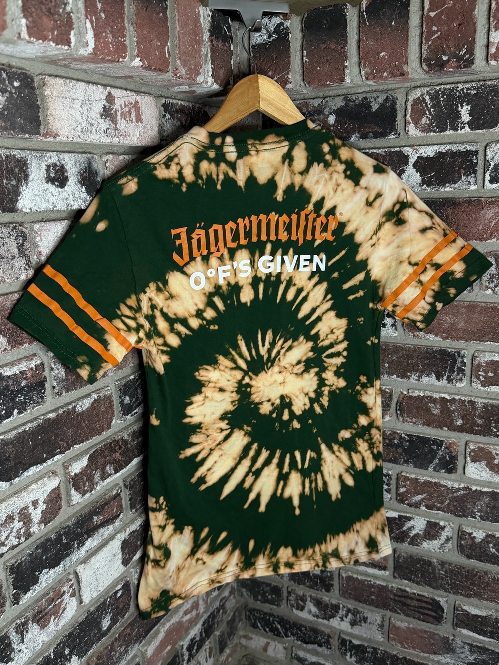 Jagermeister 0 F’s Given Women’s Custom Bleach Tiedye Tshirt Forest Green/Orange